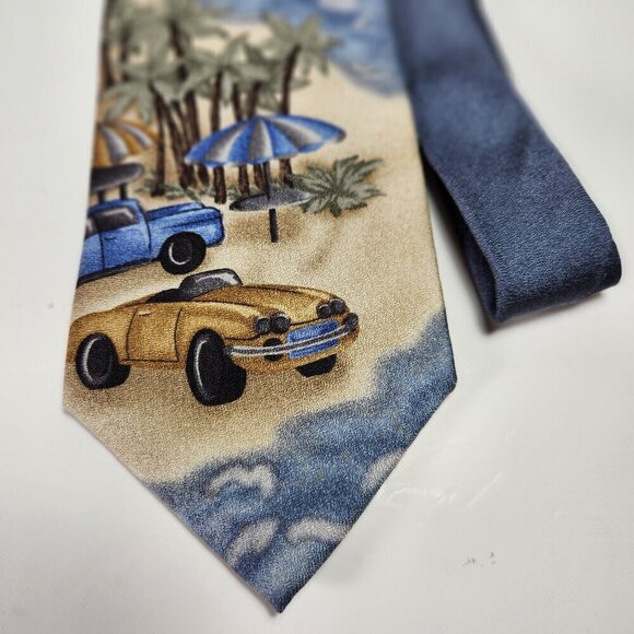 Tropicals by Tango Necktie Men's 100% Silk Tie Tropical Beach Scene Cars Ocean - Picture 3 of 11